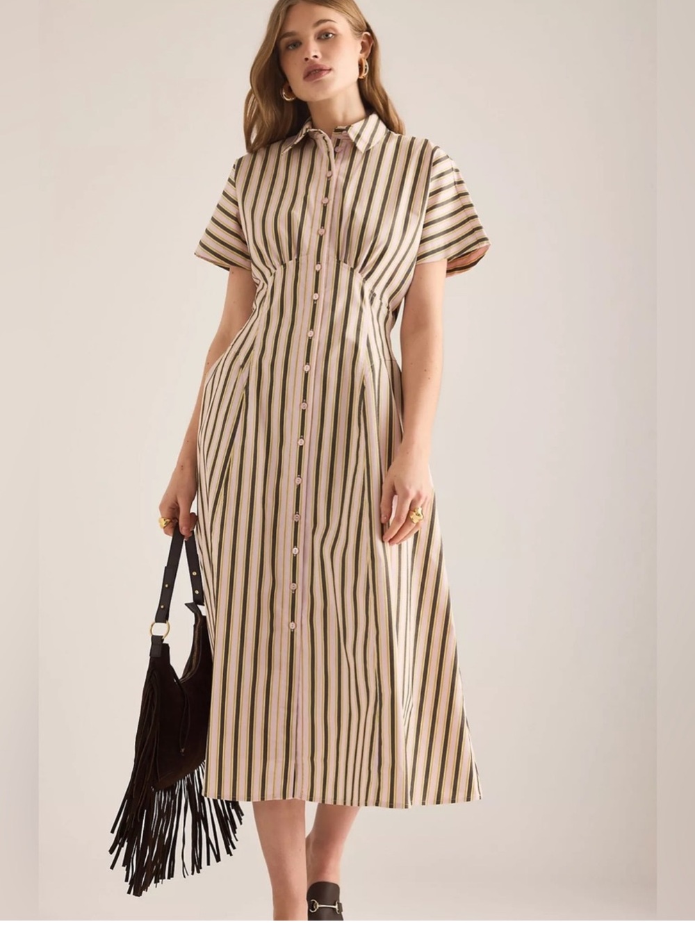 Anthropologie Cream Midi Shirt Dress with Green and Black Stripes - Picture 1 of 6